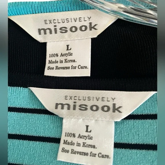 Misook 2 Piece Set Black Teal Blue Cardigan & Sweater Stripe Top Twin Set Large - Picture 5 of 5